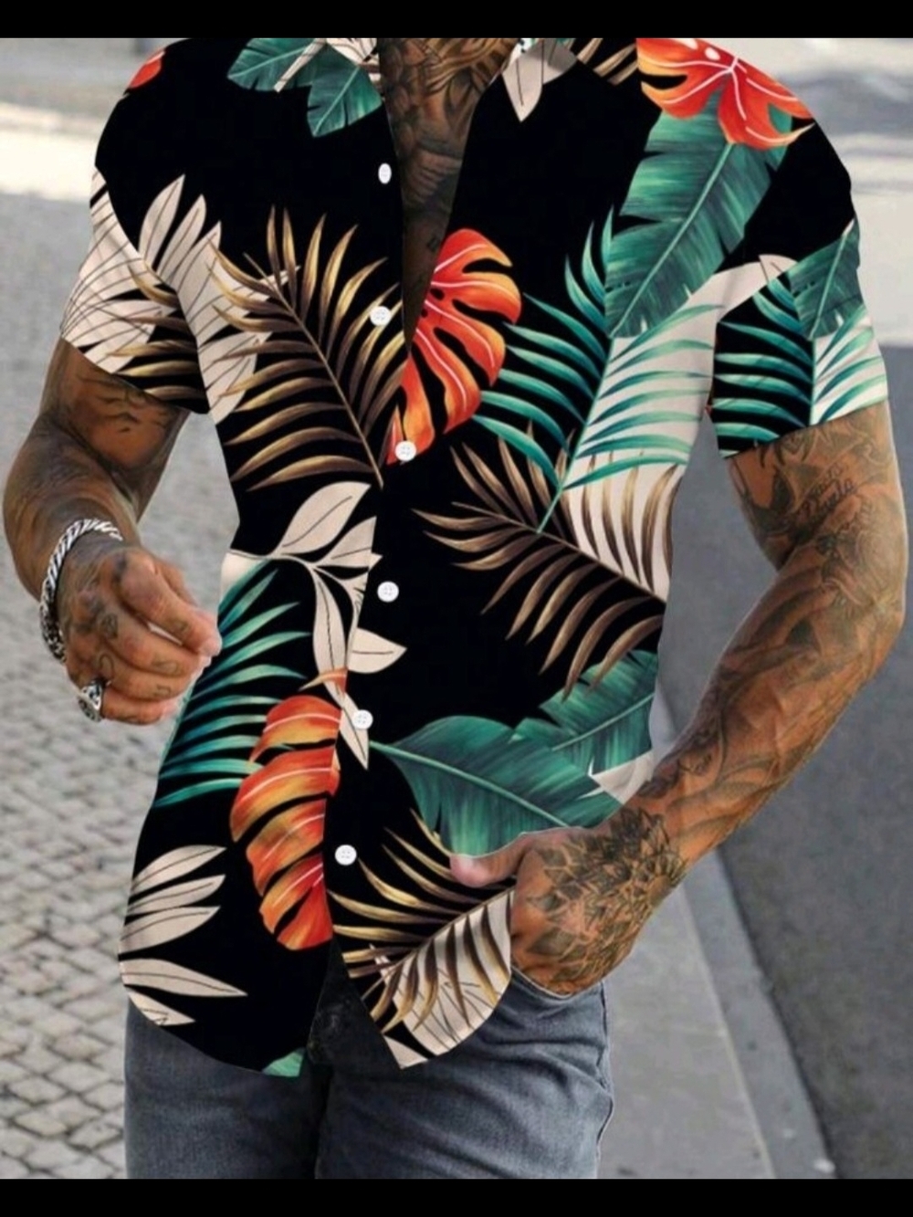 Men's Black Tropical Print Short-Sleeve Shirt XXL